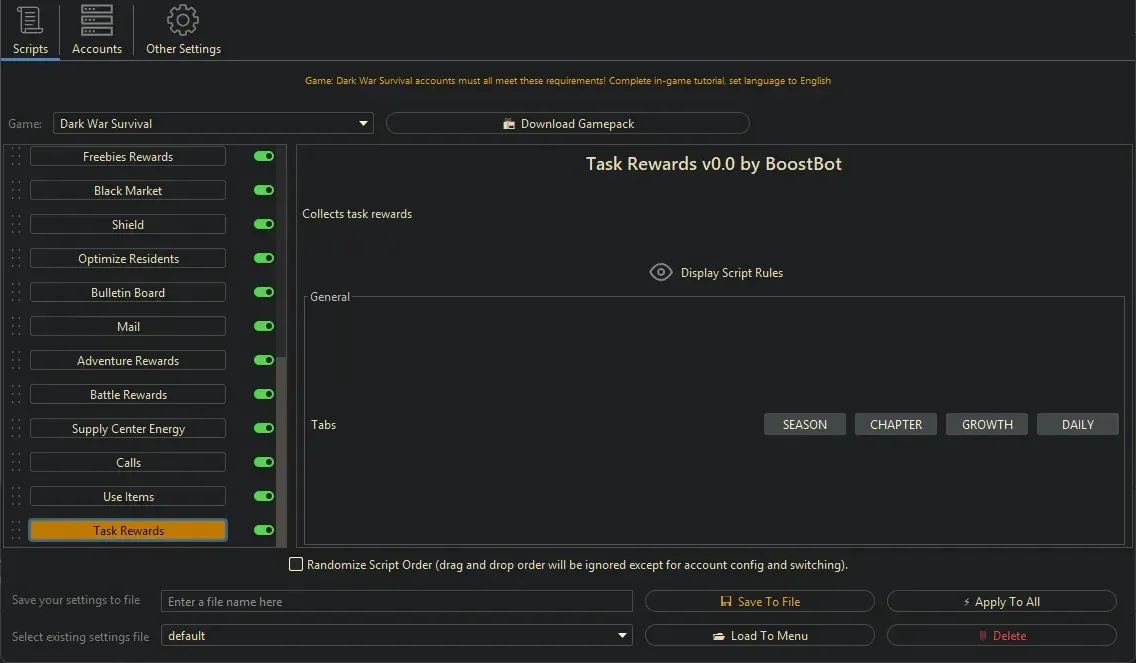 Dark War Survival Bot - Task Rewards