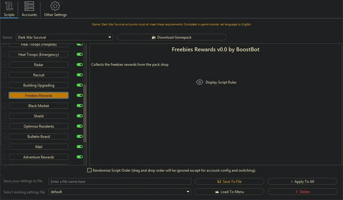 Dark War Survival Bot - Freebies Rewards