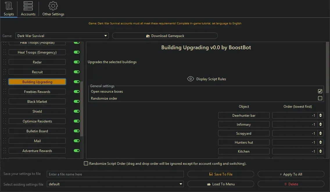 Dark War Survival Bot - Building Upgrading